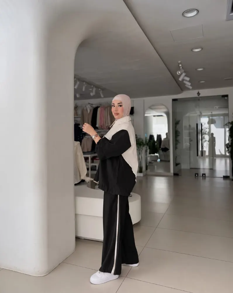 طقم كاجوال نسائي قطعتين للمحجبات جاكيت بسحاب وبنطال واسع