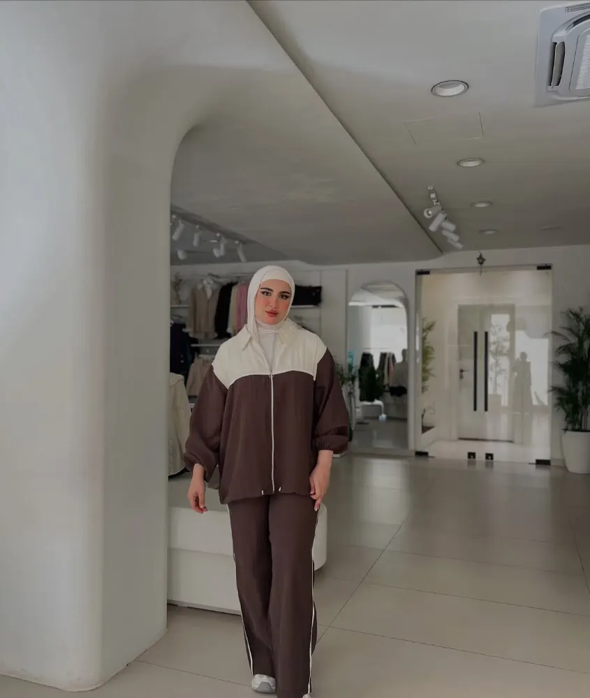 طقم كاجوال نسائي قطعتين للمحجبات جاكيت بسحاب وبنطال واسع